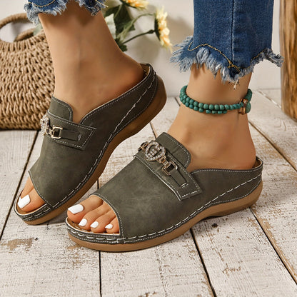 Buckle Strap Flat Slide Sandals for Women