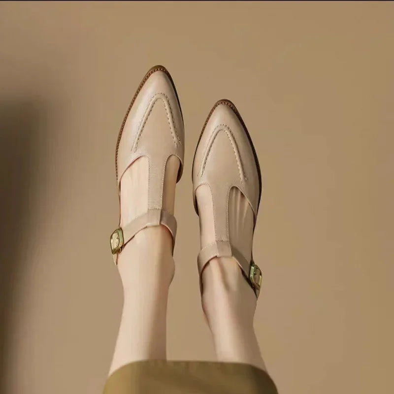 Women's T-Strap Buckle Shoes Pointed Toe Low Heel — side view