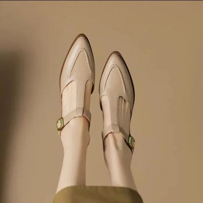 Women's T-Strap Buckle Shoes Pointed Toe Low Heel — side view