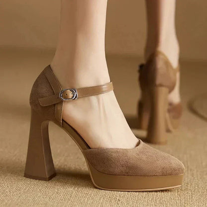 Taupe suede platform pumps with ankle strap and block heel — side view
