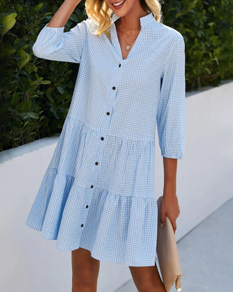 Women's blue gingham check tiered shirt dress with button front — front view