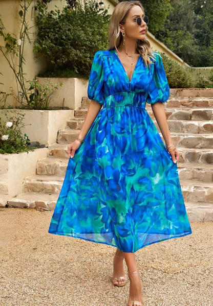 Women's Floral Print Casual Midi Dress — close-up