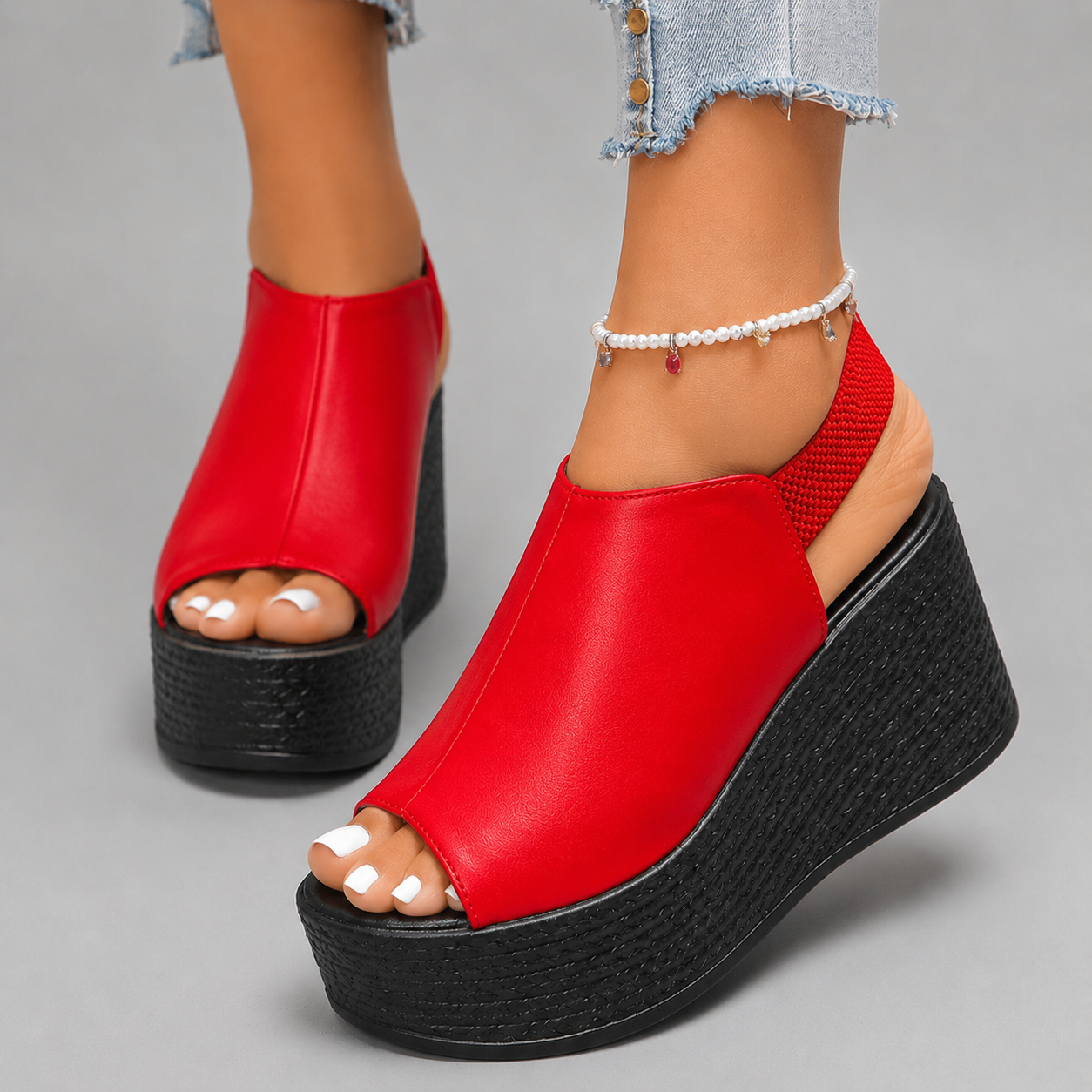 Women's Leather Peep-Toe Wedge Platform Sandals — detail view