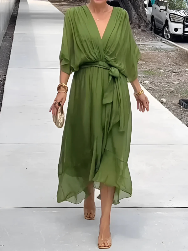 Olive green wrap midi dress with kimono sleeves and tie waist — front view
