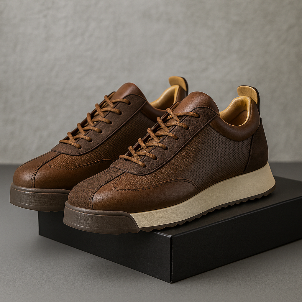 Brown leather sneakers with beige orthopedic soles on black box — angled front view