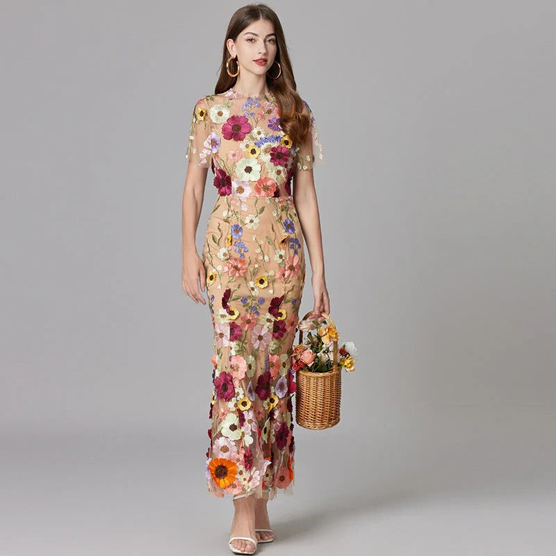 Women's Floral Appliqué Summer Gala Maxi Dress — product view